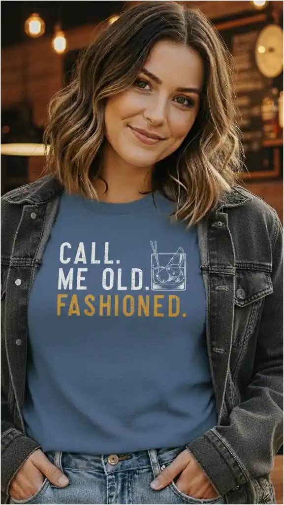 Woman wearing a whiskey-inspired t-shirt with “Call Me Old Fashioned” design, printed in the USA by Sip & Shirt.