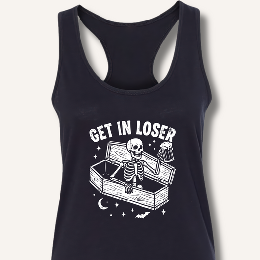 Coffin Get In Loser Racerback Tank – Solid Black