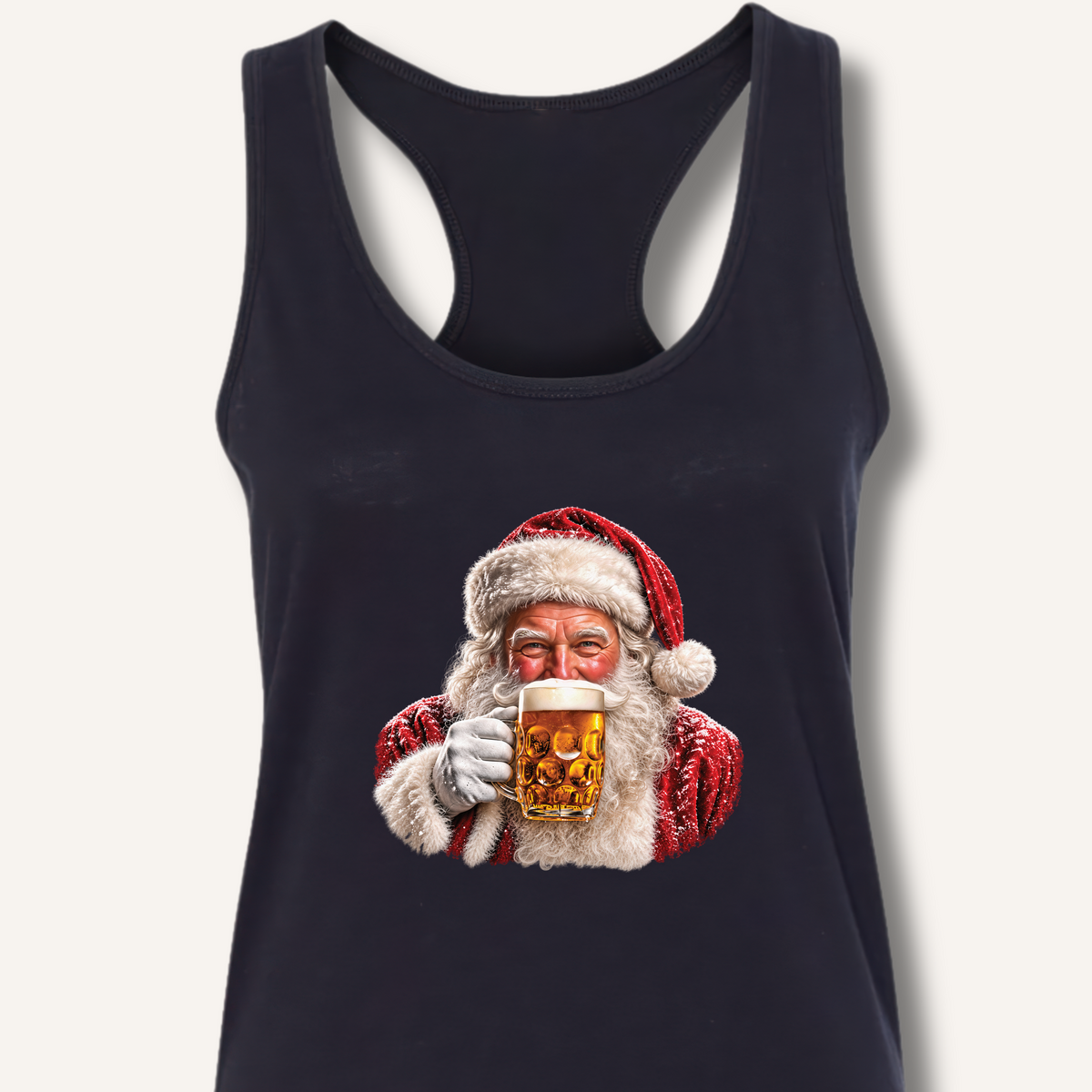 Santa Drinking Beer Racerback Tank – Solid Black