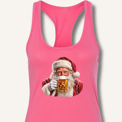 Santa Drinking Beer Racerback Tank – Solid Hot Pink