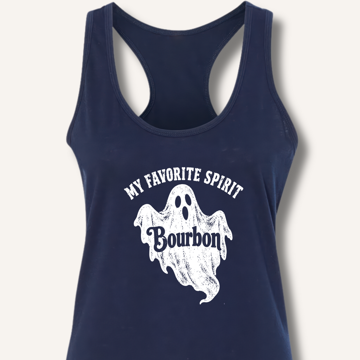My Favorite Spirit, Bourbon Racerback Tank – Solid Midnight Navy