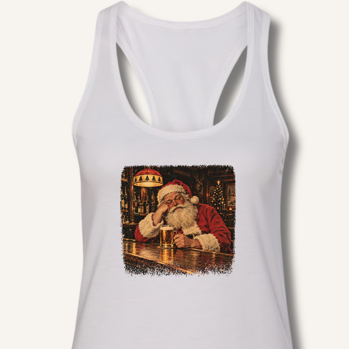 Santa At The Bar Racerback Tank – Solid White