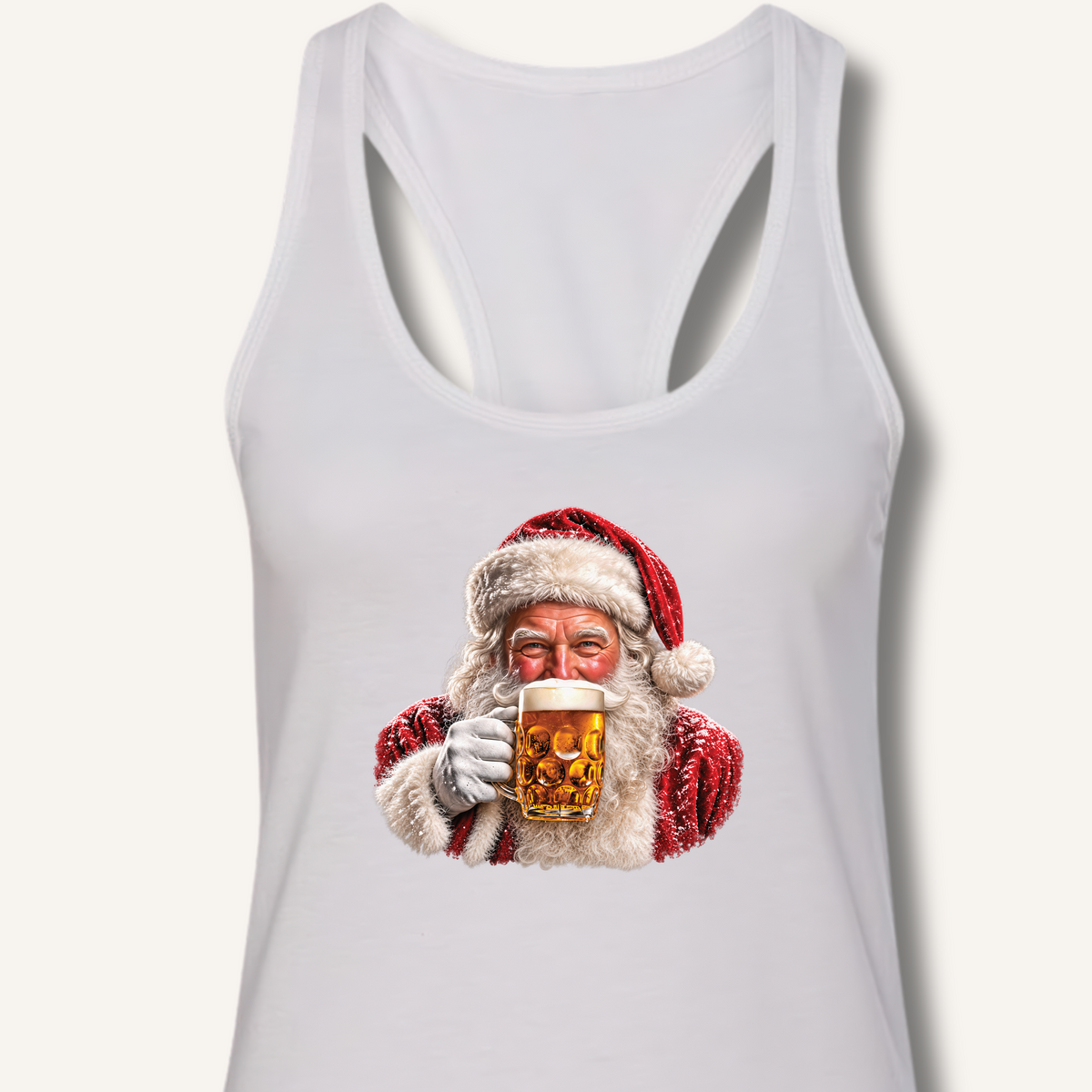 Santa Drinking Beer Racerback Tank – Solid White