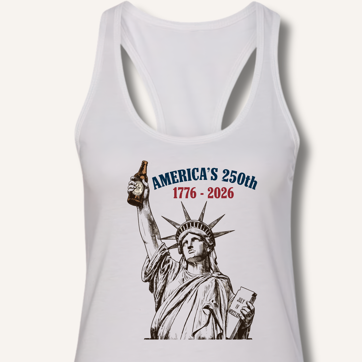 Lady Liberty's Beer Toast Racerback Tank – Solid White