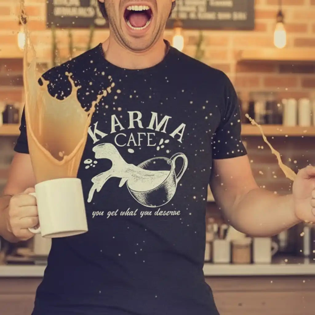 Man wearing a funny drink t-shirt with “Karma Café” design, printed in the USA by Sip & Shirt.