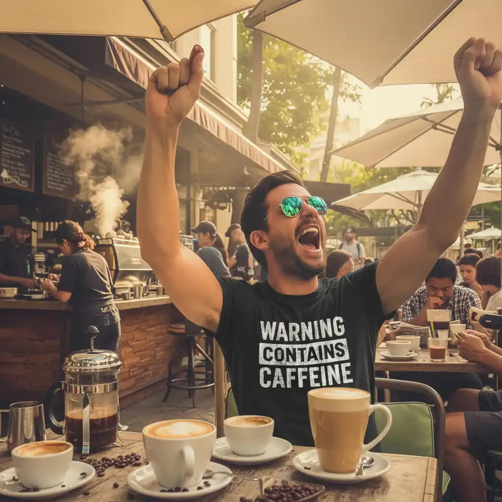Man celebrating at a café wearing a “Warning Contains Caffeine” funny coffee t-shirt by Sip & Shirt, printed in the USA.