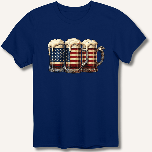 American Flag Beer Mugs T-Shirt - Sip & Shirt