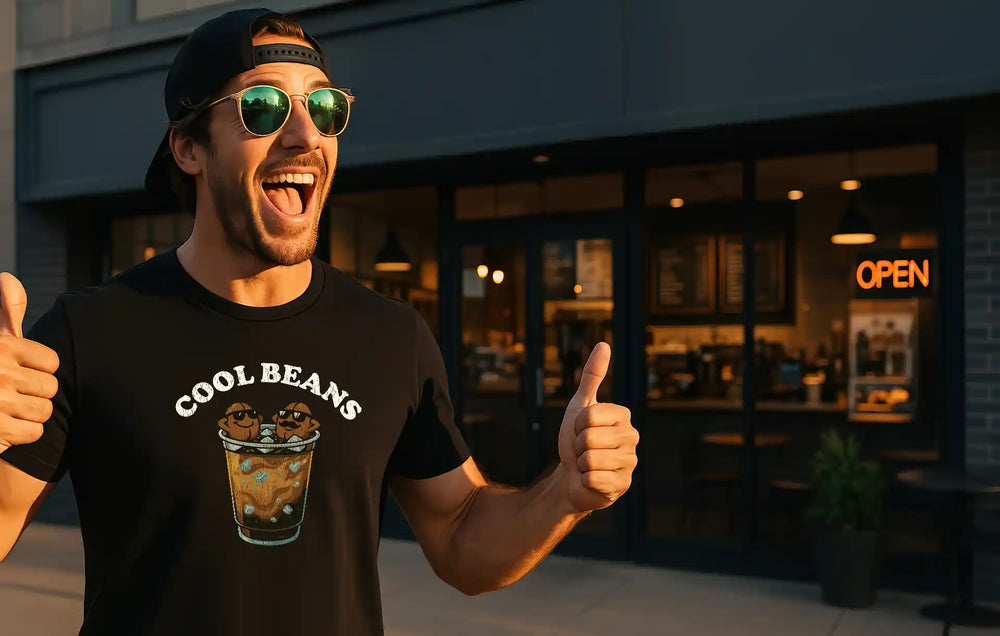 Man smiling outside a coffee shop wearing a “Cool Beans” funny coffee t-shirt by Sip & Shirt, printed in the USA.