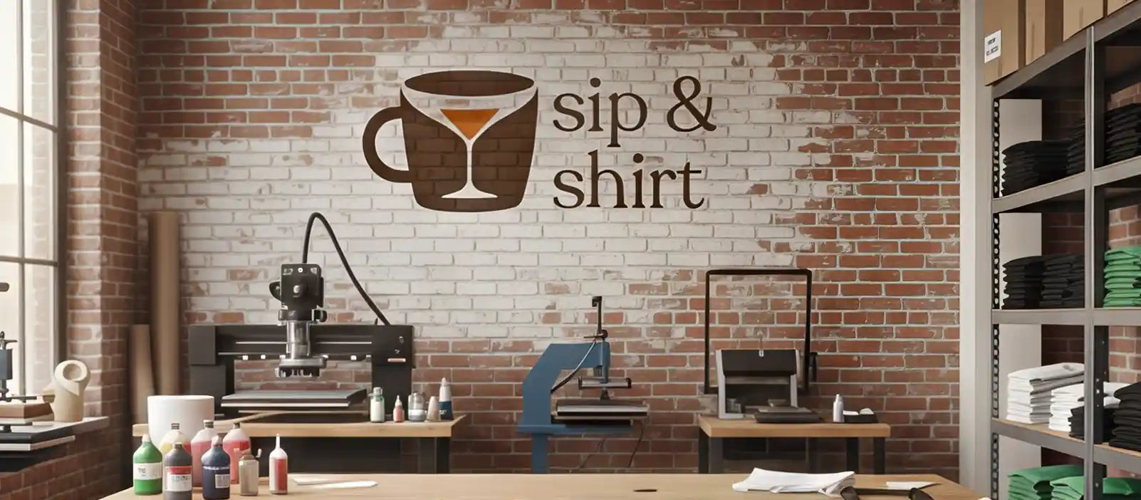 Sip & Shirt logo on brick wall inside print studio — funny coffee and cocktail t-shirts printed in the USA, quality apparel made with pride.