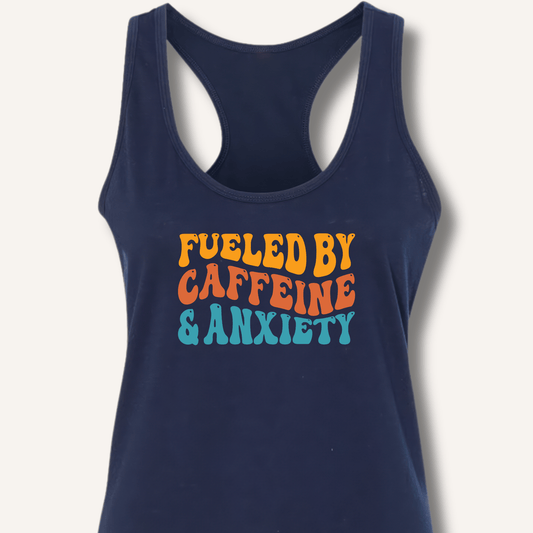 Tank Top XS / Solid Midnight Navy Fueled By Caffeine & Anxiety Racerback Tank